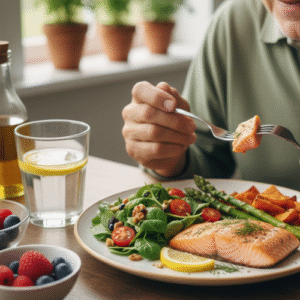 idoso com alimentação saudável